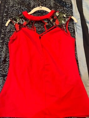 I ME Red Embroidered Halter Neck Women's Blouse